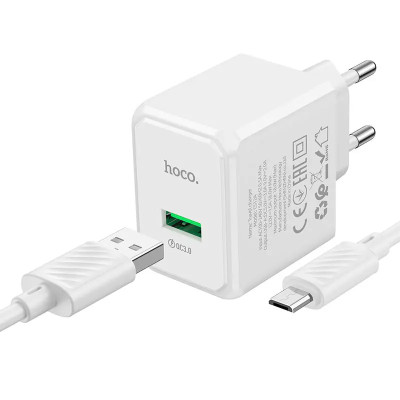 Сетевое зарядное устройство Hoco CS12A 1USB/QC 3.0 + MicroUSB White, Белый