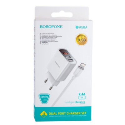 Мережевий зарядний пристрій Borofone 2USB BA52A 2.1A+ Lightning White, Білий