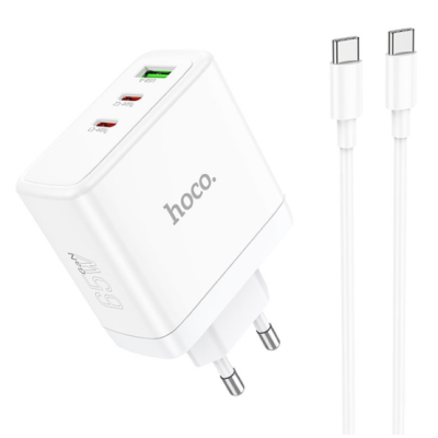 Мережевий зарядний пристрій Hoco N30 65W 1USB+ 2USB-С + Кабель Type-C to Type-C White, Білий