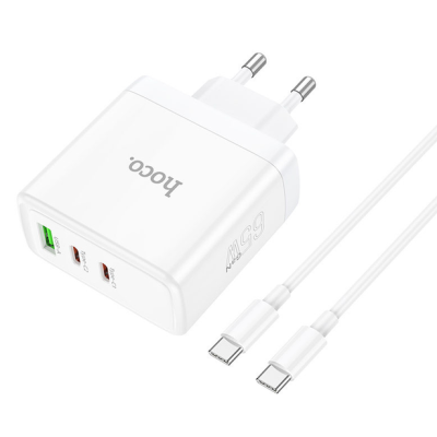 Мережевий зарядний пристрій Hoco N30 65W 1USB+ 2USB-С + Кабель Type-C to Type-C White, Білий