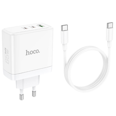 Мережевий зарядний пристрій Hoco N30 65W 1USB+ 2USB-С + Кабель Type-C to Type-C White, Білий