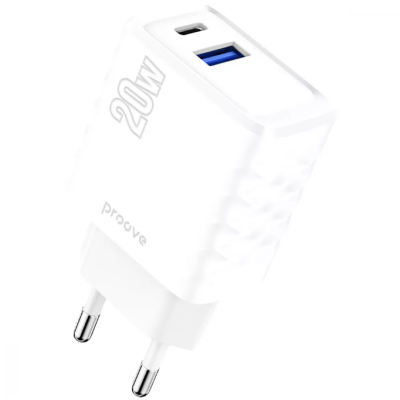 Мережевий зарядний пристрій Proove Speed Surge Gan 20W PD+USB White, Білий