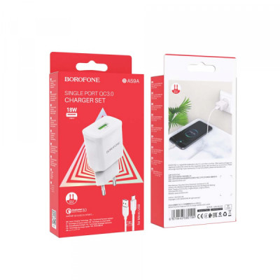 Мережевий зарядний пристрій Borofone BA59A microUSB QC3.0 White, Білий