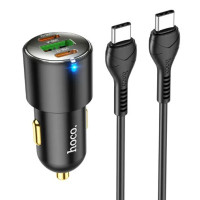 Автомобильное зарядное устройство Hoco NZ6 (1USB+2USB-C) + Кабель Type-C to Type-C Black, Чёрный