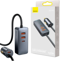 Автомобільний зарядний пристрій Baseus Share PPS 2USB+2USB-C with Cigarette Lighter 120w з подовжувачем 1.5м Grey, Сірий