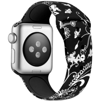 Ремешок Apple Watch 38мм Принт Силикон Черный & Листья